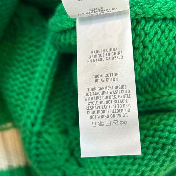 Aerie Sweater Green Cable Knit Cotton V-Neck Varsity Preppy Fall Medium - Picture 5 of 8